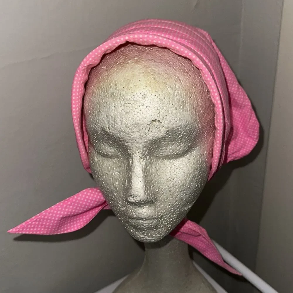 Vintage 60s bright pink with tiny white polka dots head cotton head scarf/bonnet